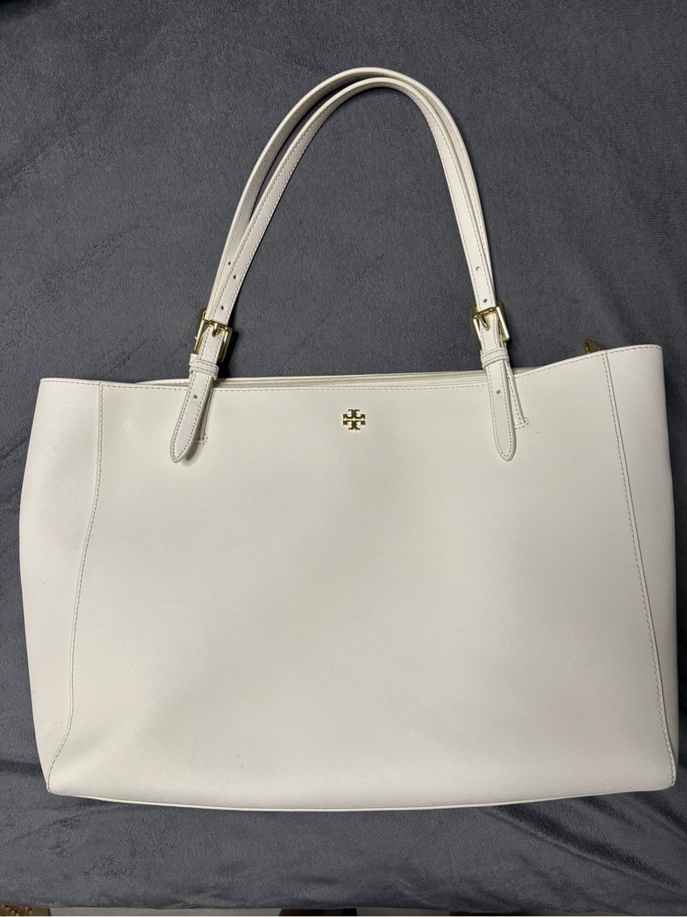 Tory Burch White Leather Double-Handle Tote with Gold Logo